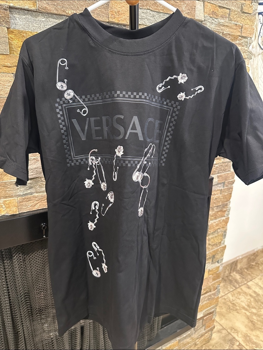 Black Tee with Silver Safety Pin Graphic size M